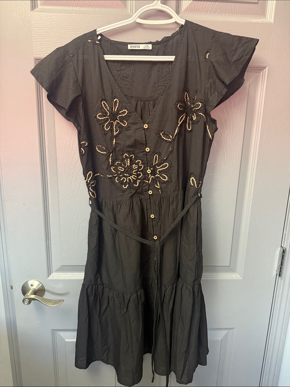 Embroidered Black Button-Front Mini Dress with Tie Waist